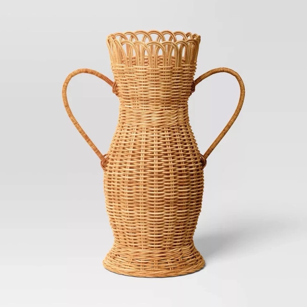 Woven‎ Rattan Vase with Handles.